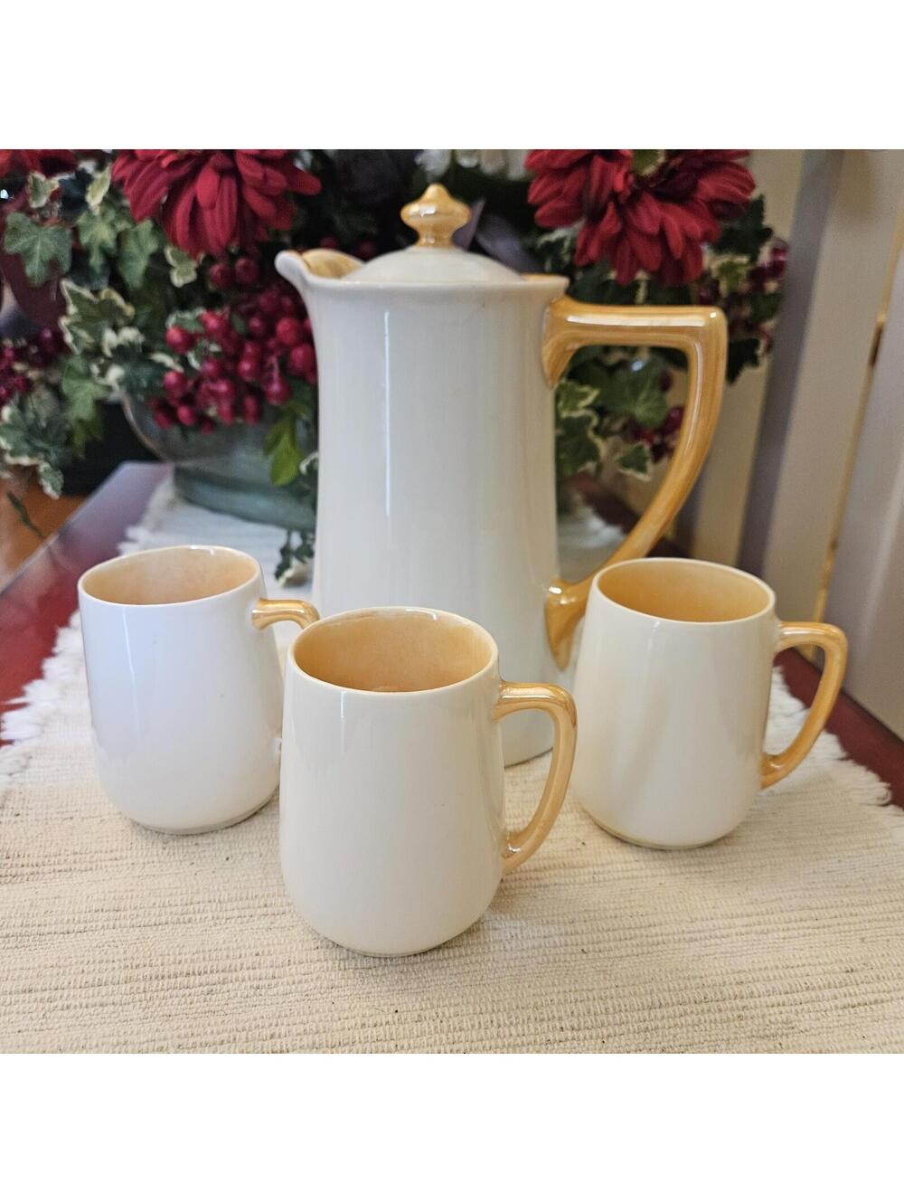 Rare! Limoges France Chocolate Coffee Pot & 3 Bavaria Cups Signed Sarah R. Comer